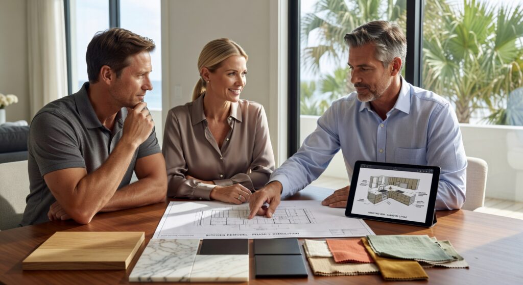 Ultra-realistic 8K photograph of a professional general contractor meeting with homeowners at a sunlit table in Fort Myers, reviewing kitchen remodel blueprints and 3D designs with material samples, warm professional atmosphere