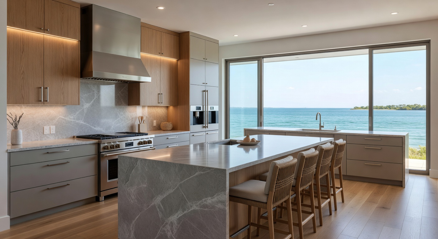 Ultra-realistic 8K photograph of a luxurious modern kitchen renovation in a Fort Myers waterfront home with quartz countertops, custom cabinetry, and large windows overlooking the water, bright natural lighting, professional photography
