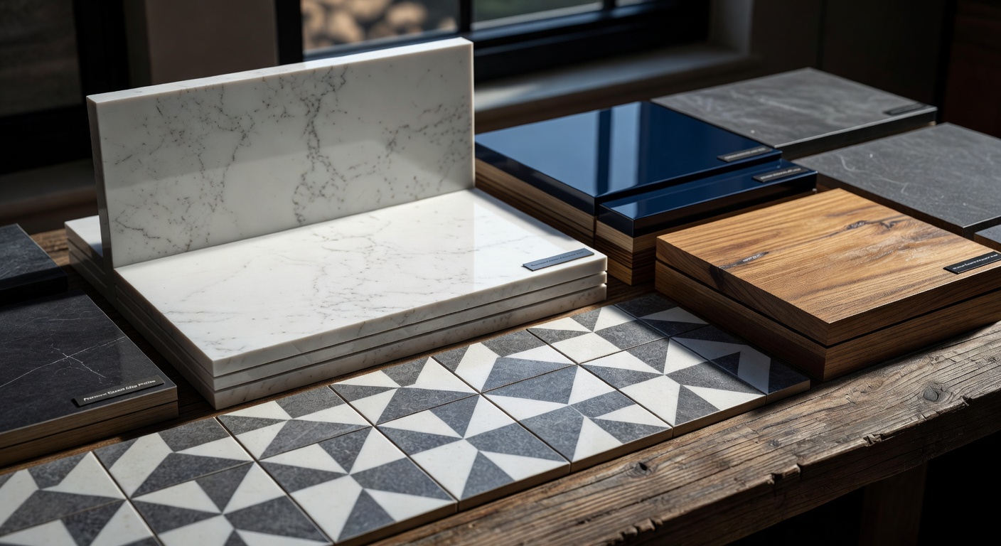 Ultra-realistic 8K close-up photograph of premium material samples including quartz countertop edge profile, porcelain floor tiles, and moisture-resistant cabinet finishes arranged on wooden table