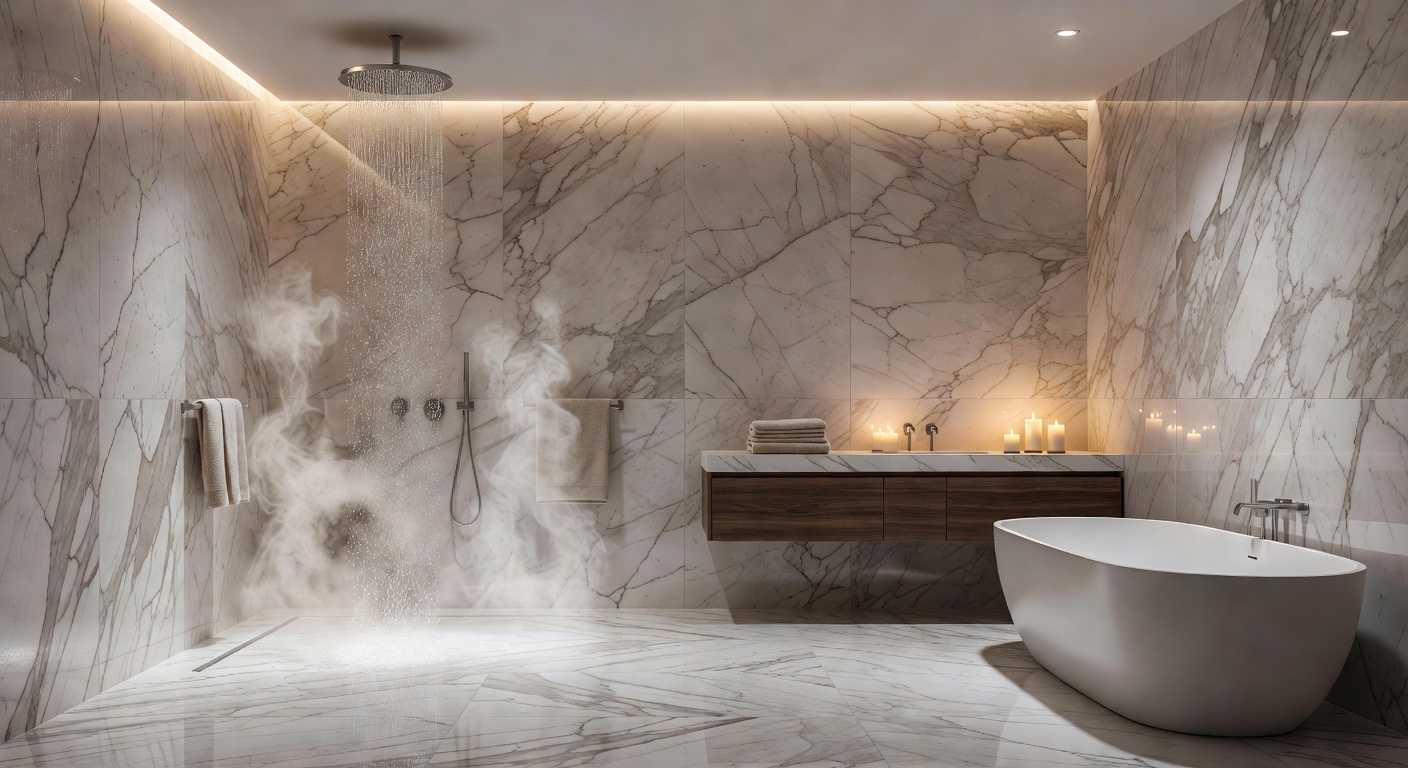Ultra-realistic 8K image of a beautifully finished luxury bathroom with rainfall shower head, marble surfaces, and ambient lighting, steam gently rising, spa-like tranquility