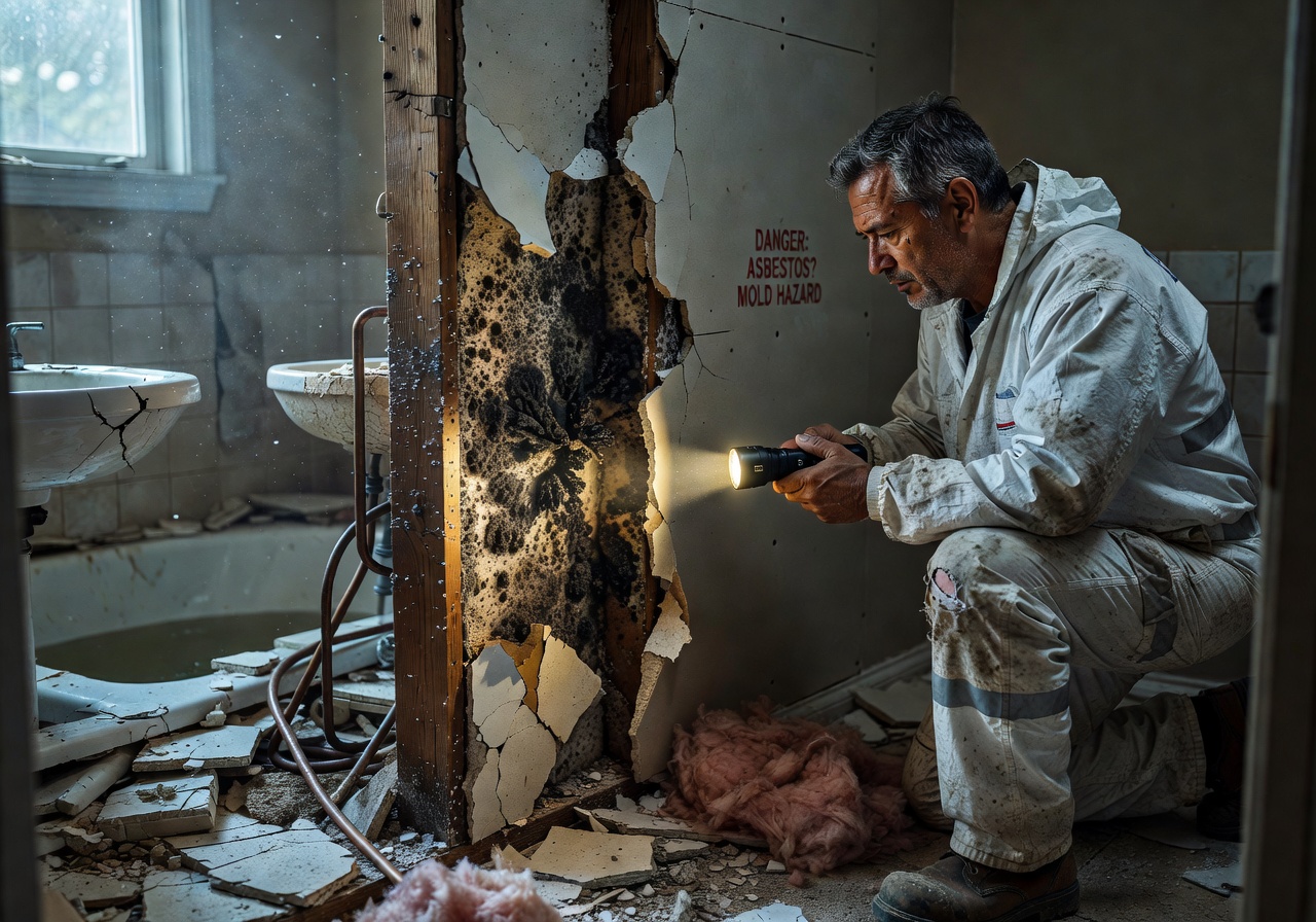 Ultra-realistic 8K photo capturing unexpected water damage and mold discovered behind drywall during bathroom demolition in humid Florida climate, contractor examining with flashlight
