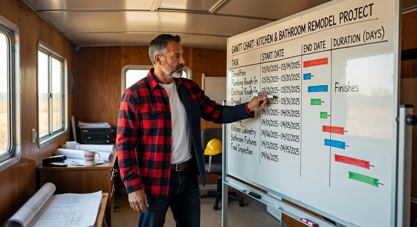 Photorealistic ultra-realistic 8K image of a project manager updating a large Gantt chart timeline for a kitchen and bathroom remodel project on a whiteboard in a construction trailer