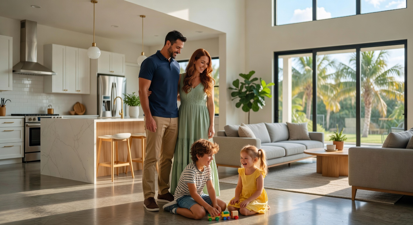 Ultra-realistic 8K photograph of a family enjoying their newly renovated open concept kitchen and living area in a Fort Myers home, warm natural light, happy lifestyle moment