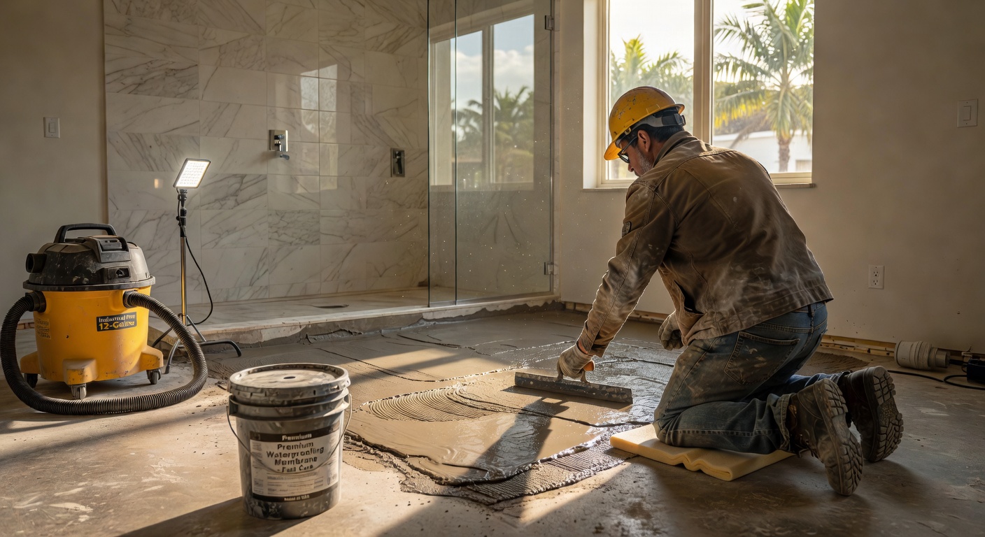 Ultra-realistic 8K image showing the application of waterproofing membrane in a luxury bathroom renovation in Southwest Florida, construction detail shot, technical precision