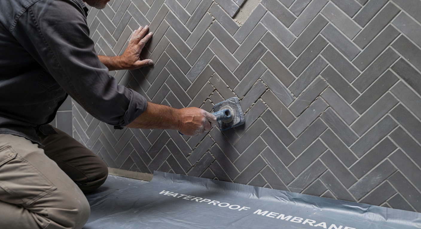 Ultra-realistic 8K close-up of intricate herringbone tile pattern being installed in a walk-in shower by a master tiler, waterproofing membrane visible, high detail construction image