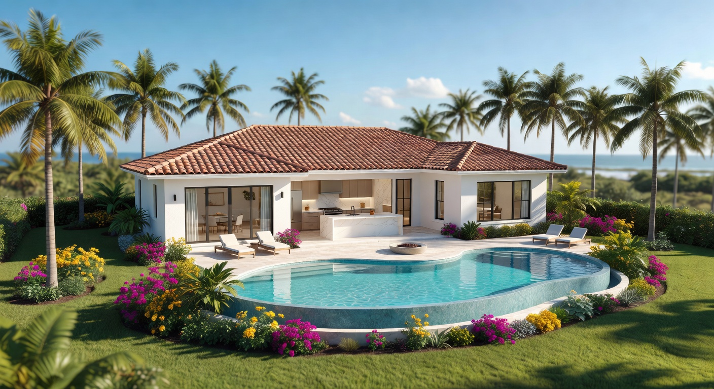 Ultra-realistic 8K aerial-style photograph of an attractive single-story Fort Myers home with beautiful landscaping on a sunny day, implying recent interior kitchen and bathroom upgrades