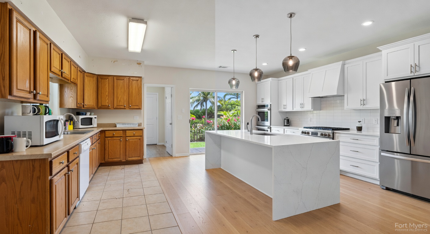 Ultra-realistic 8K image of a stunning before and after collage showing a complete kitchen transformation in a Fort Myers home, professional real estate photography style