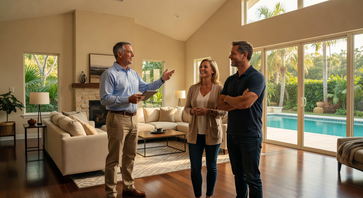 Ultra-realistic 8K final walkthrough scene with contractor explaining features to satisfied homeowners in their newly renovated luxury living space in Southwest Florida, warm celebratory atmosphere