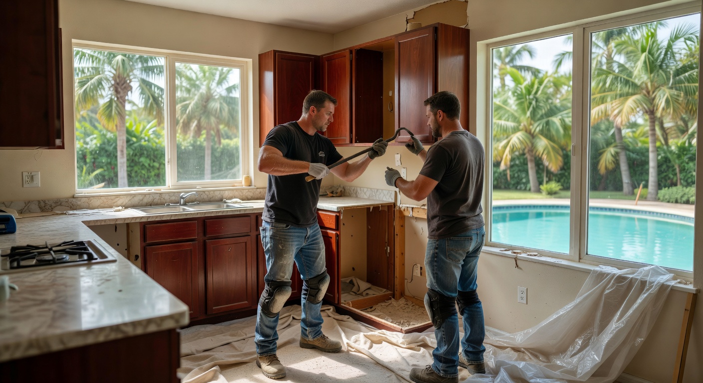 Ultra-realistic 8K image showing the demolition phase of a dated 1990s kitchen in a Southwest Florida home, workers carefully removing old cabinets while protecting surrounding areas, natural light streaming through windows