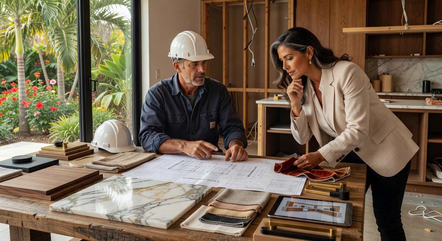 Detailed 8K image of a contractor reviewing kitchen plans with a Fort Myers homeowner at a wooden table covered with material samples and blueprints, natural lighting