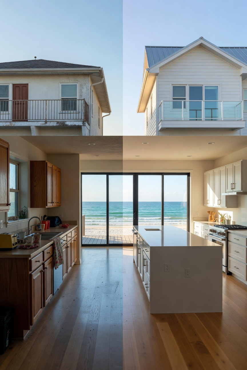 Ultra-realistic 8K architectural visualization of a complete home renovation transformation showing before and after split view of a Southwest Florida coastal residence, vibrant colors, professional real estate photography style