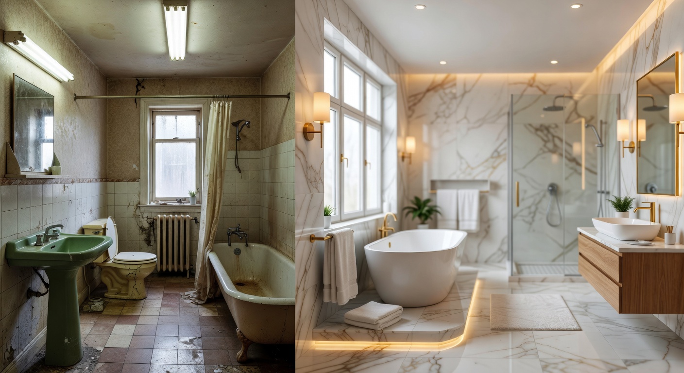 Ultra-realistic 8K before-and-after split image showing a drab outdated bathroom on left and the same space transformed into a spa-like retreat with marble tiles and freestanding tub on right