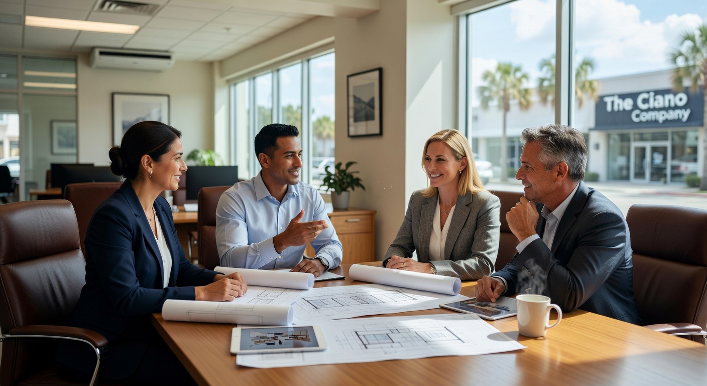 Ultra-realistic 8K image of The Ciano Company team meeting with clients in their Fort Myers office, architectural renderings on table, friendly professional atmosphere, natural light through windows