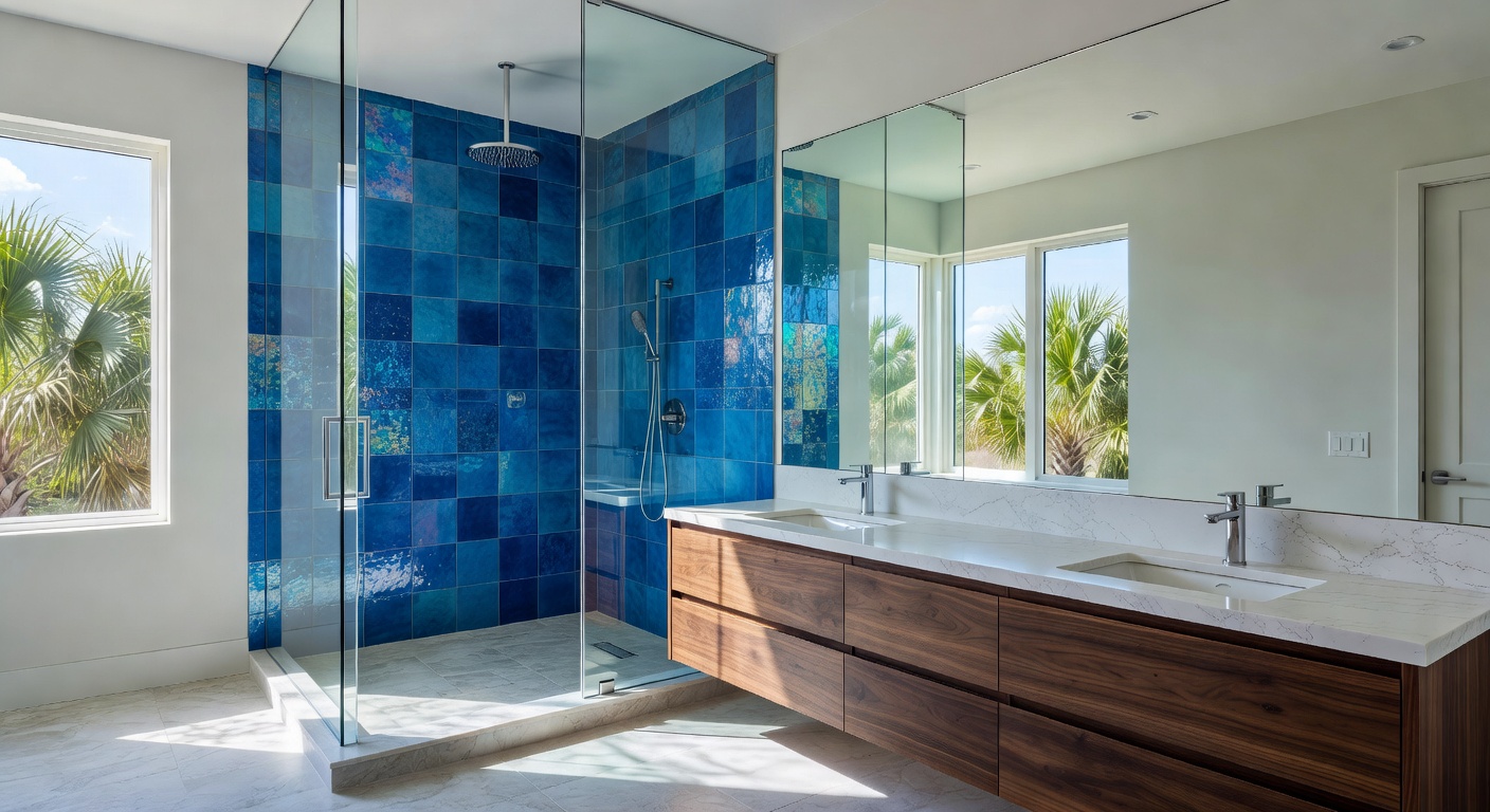 Ultra-realistic 8K image of a beautiful finished master bathroom with walk-in rainfall shower, double floating vanity, blue accent tiles and abundant natural light in a Fort Myers home