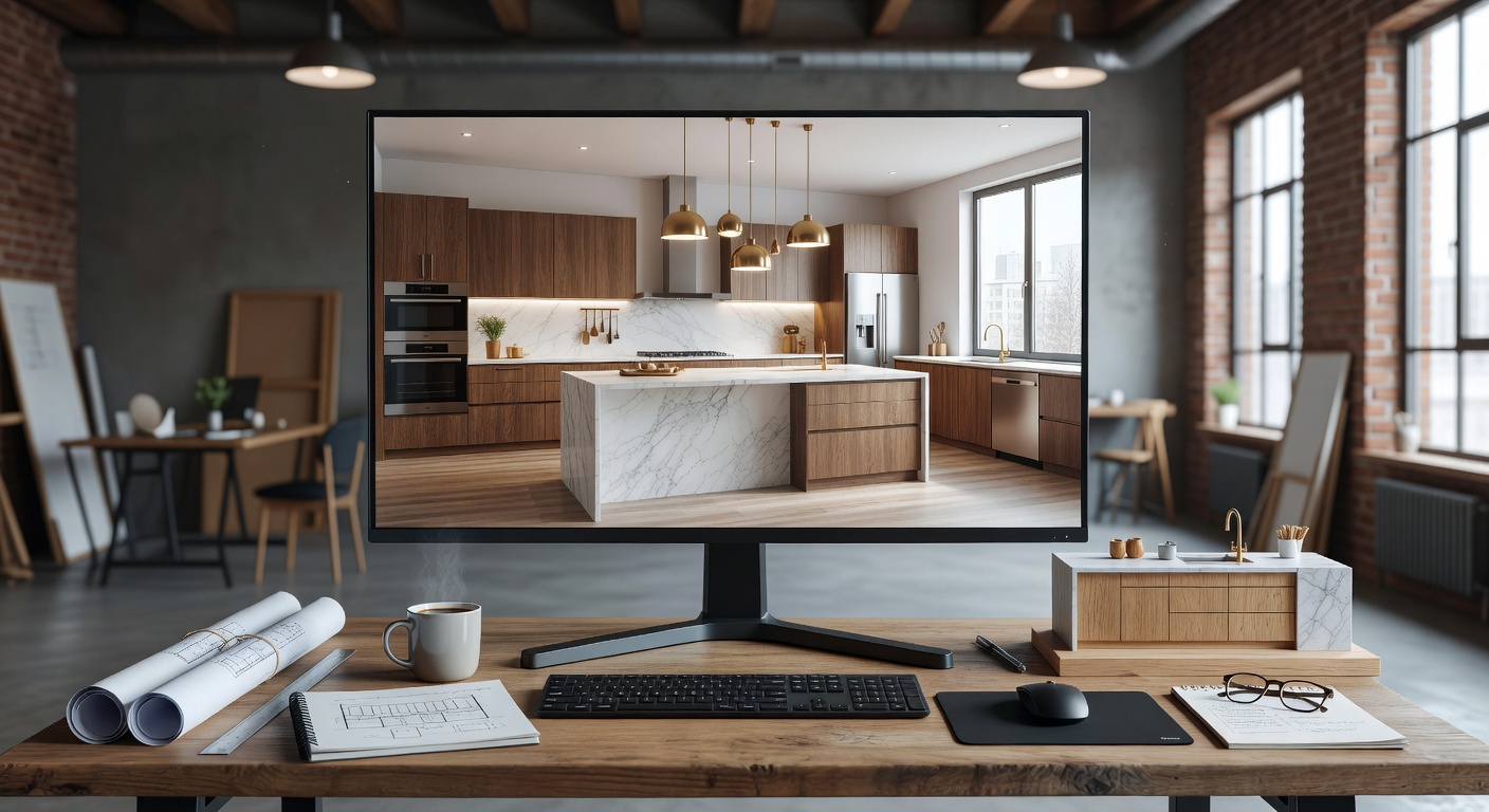 Ultra-realistic 8K image showing detailed 3D architectural rendering of a kitchen renovation on a computer screen in a modern design studio, technical precision, professional workspace
