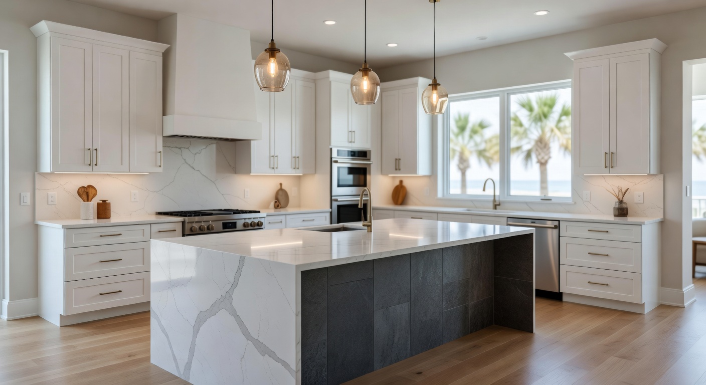 Ultra-realistic 8K photo of a modern coastal kitchen renovation in Fort Myers with white shaker cabinets, quartz countertops, and large island, bright natural light through impact windows, 2025 design trends