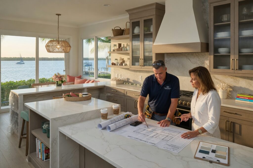 Ultra-realistic 8K photograph of a luxurious modern kitchen renovation in a Fort Myers waterfront home, natural morning light streaming through impact windows, high-end cabinetry and quartz countertops, professional general contractor reviewing blueprints with client, warm coastal color palette, cinematic composition
