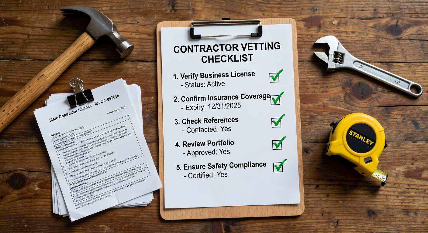 Contractor vetting checklist graphic design with clipboard, checkmarks, license documents, and tools arranged professionally on wooden surface, photorealistic