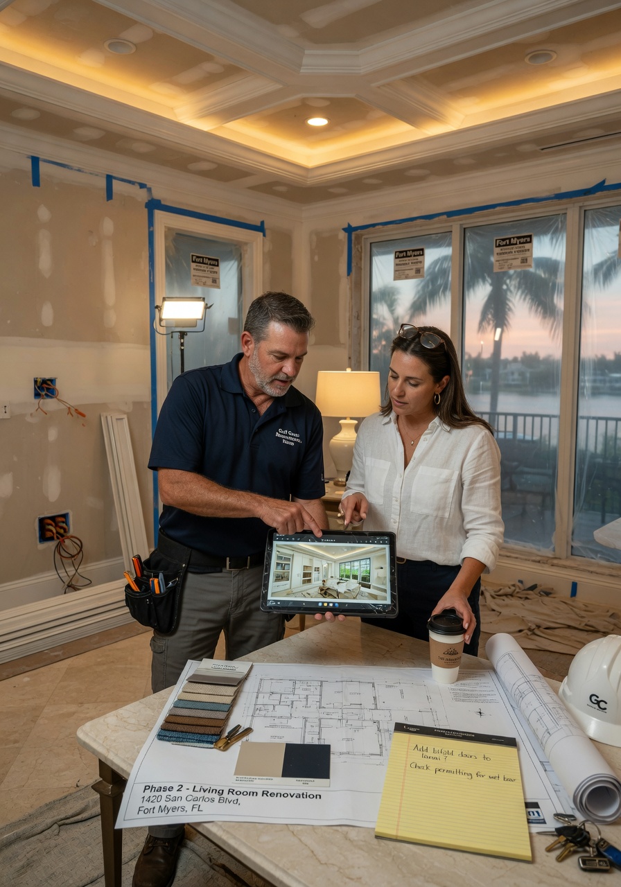Hyper-realistic 8K image of a general contractor and client discussing renovation plans using a large tablet in a partially renovated luxury living room in Fort Myers, architectural plans on coffee table, warm interior lighting