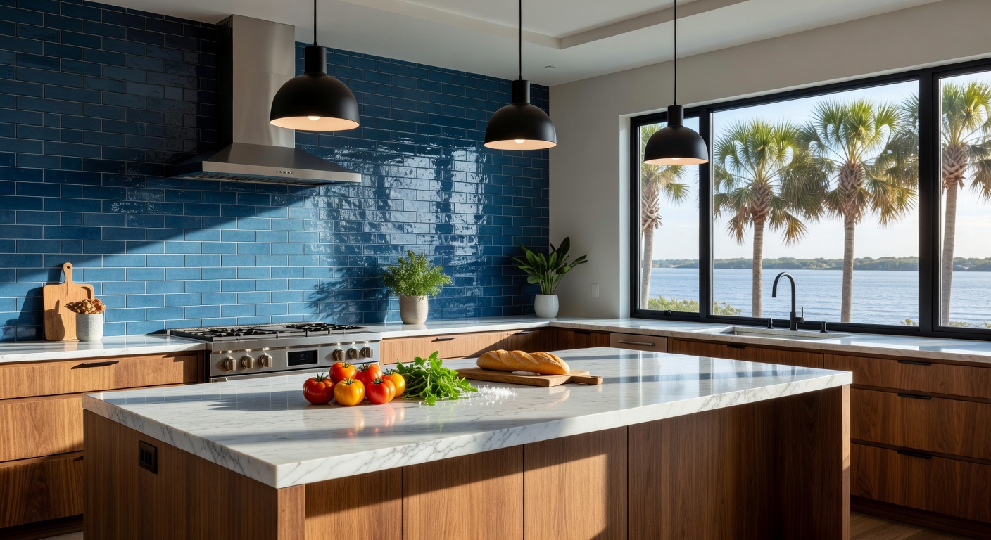 Modern Fort Myers kitchen with matte black fixtures, warm wood tones, and coastal blue backsplash tile, professional food photography lighting