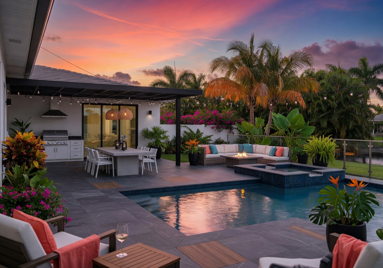Ultra-realistic 8K photo of a beautiful remodeled contemporary pool deck and outdoor living space in a Fort Myers backyard, modern furniture, lush tropical landscaping, sunset sky with vibrant colors