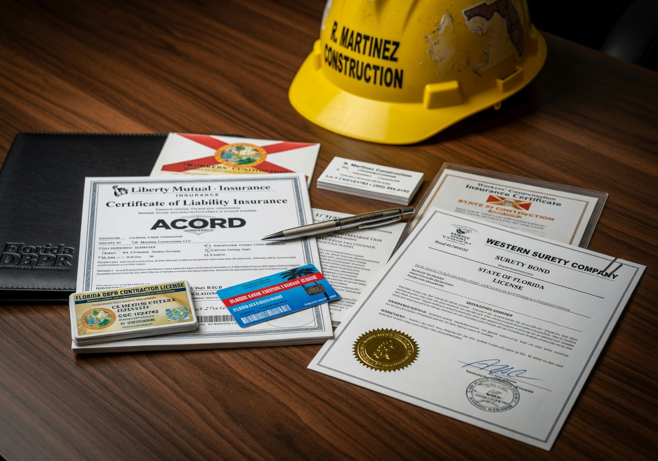 Professional 8K image showing various Florida contractor license badges, insurance certificates, and bonding documents neatly arranged on a dark wooden desk with a hard hat in background, trustworthy and legitimate appearance