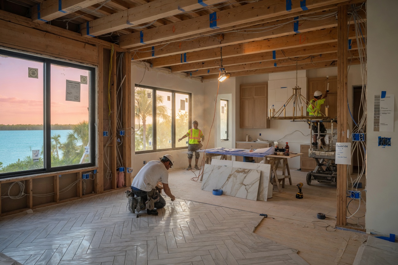 Cinematic 8K image of a luxury home renovation in progress in Southwest Florida, exposed beams, new electrical wiring, workers installing high-end finishes, natural light pouring through large windows