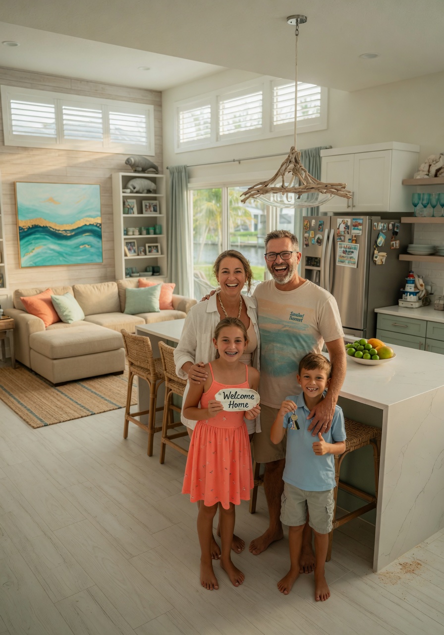 Hyper-realistic 8K photo of a happy Fort Myers family standing in their newly renovated open-concept living room and kitchen, coastal modern design, warm smiles, natural light, lifestyle photography