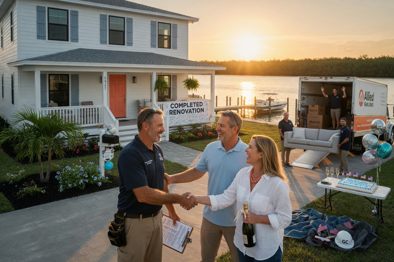 Ultra-realistic 8K image of a general contractor shaking hands with satisfied clients in front of a beautifully renovated waterfront home in Fort Myers, moving truck in background, completion day celebration