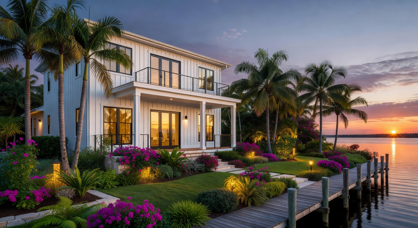 Beautifully renovated waterfront home exterior in Fort Myers with new siding, impact doors, landscape lighting, and lush tropical landscaping at dusk