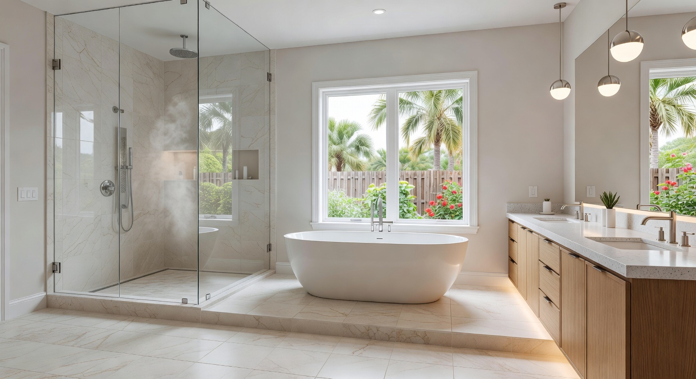 Luxury primary bathroom in Southwest Florida home featuring freestanding soaking tub, walk-in shower with frameless glass, porcelain tile, and double quartz vanity, soft neutral tones, 8K detail