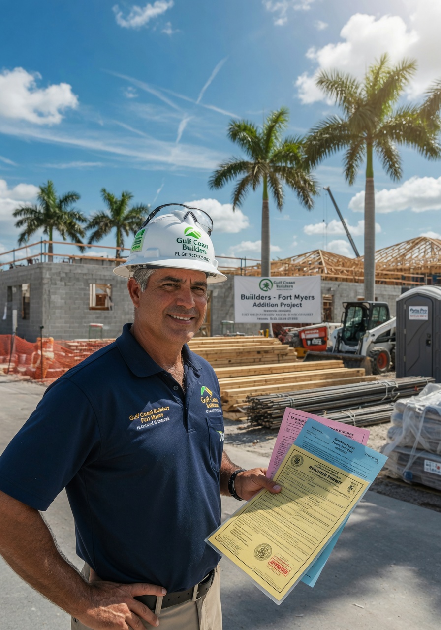 Professional 8K image of a licensed Florida general contractor in Fort Myers wearing a branded polo shirt and hard hat, standing at a construction site with building permits in hand, sunny Florida sky with palm trees in background, confident and trustworthy expression