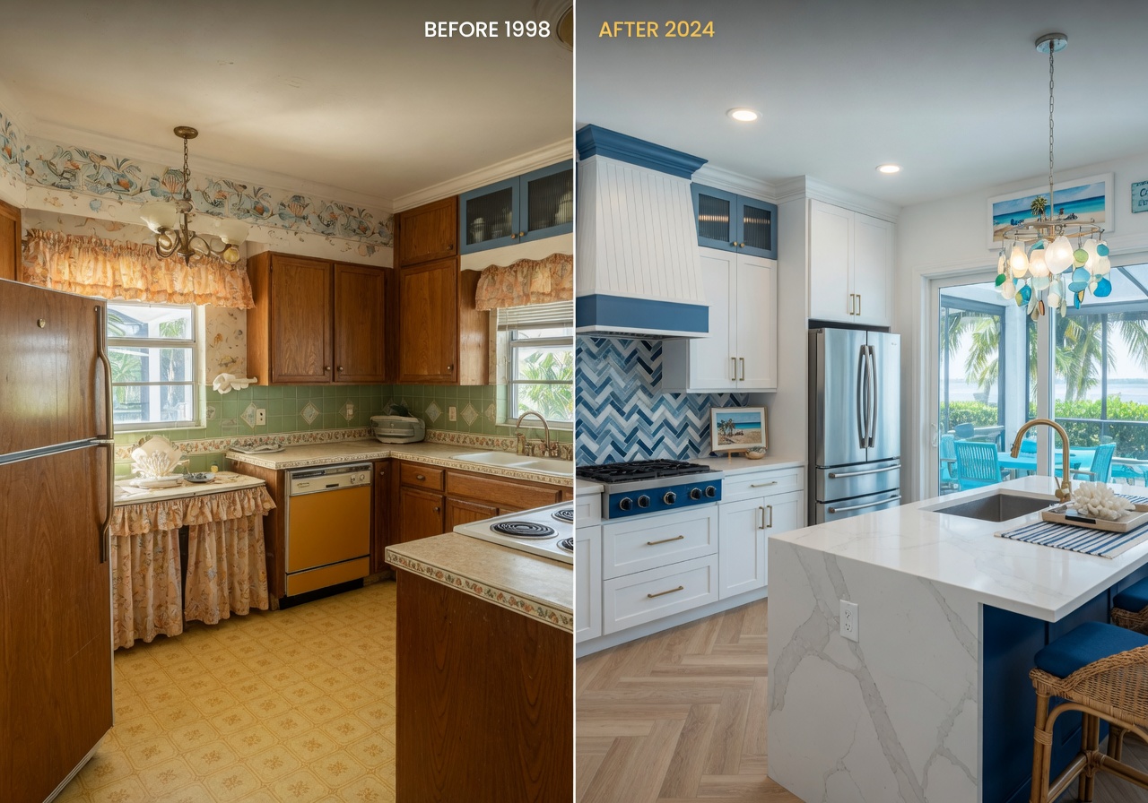 Cinematic 8K image of a beautiful before and after split-screen renovation in a Fort Myers home, left side dated outdated kitchen, right side stunning modern coastal design with white cabinets and blue accents, professional photography style
