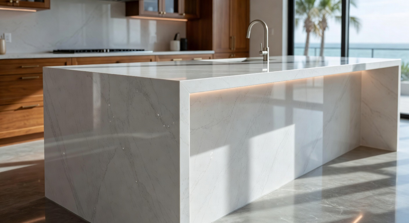 Close-up of high-end quartz countertop installation with waterfall edge in a luxury Fort Myers kitchen, showing perfect seams and material texture in 8K resolution