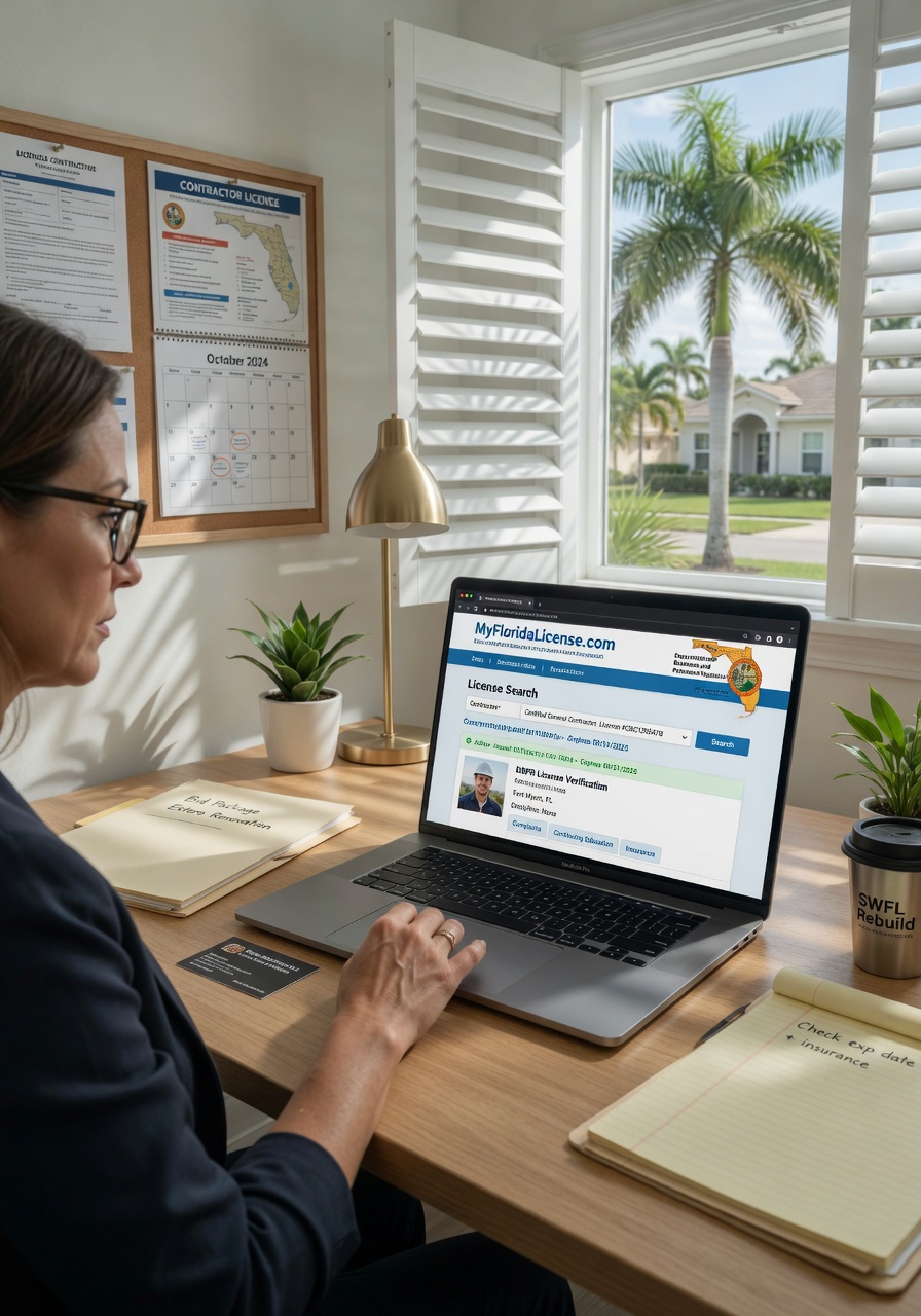 Ultra-realistic 8K image of a professional checking contractor license information on a laptop screen showing MyFloridaLicense.com website, modern home office setting in Fort Myers, natural light, clean composition