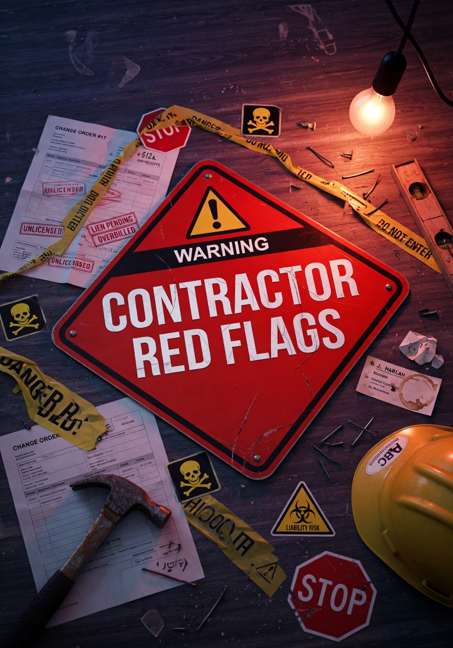 Dramatic 8K photo of a red warning sign with text 'Contractor Red Flags' surrounded by danger symbols, construction tools and documents scattered on a wooden surface, dark moody lighting, cautionary visual style