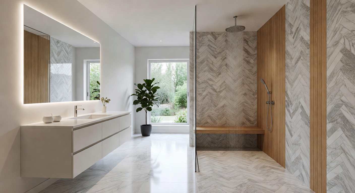 Elegant master bathroom remodel with porcelain herringbone tile shower, floating vanity, LED mirror, and rainfall showerhead, spa-like atmosphere, 8K ultra-realistic