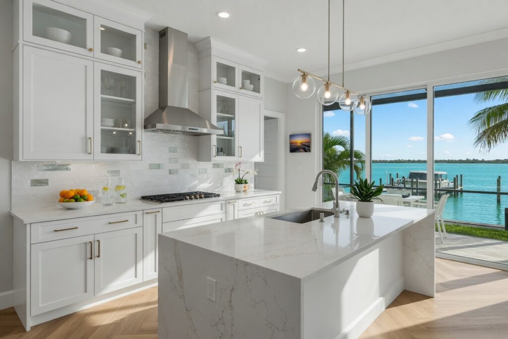 Ultra-realistic 8K photo of a beautiful modern kitchen renovation in a Fort Myers waterfront home, bright natural lighting, white cabinets, quartz countertops, professional photography