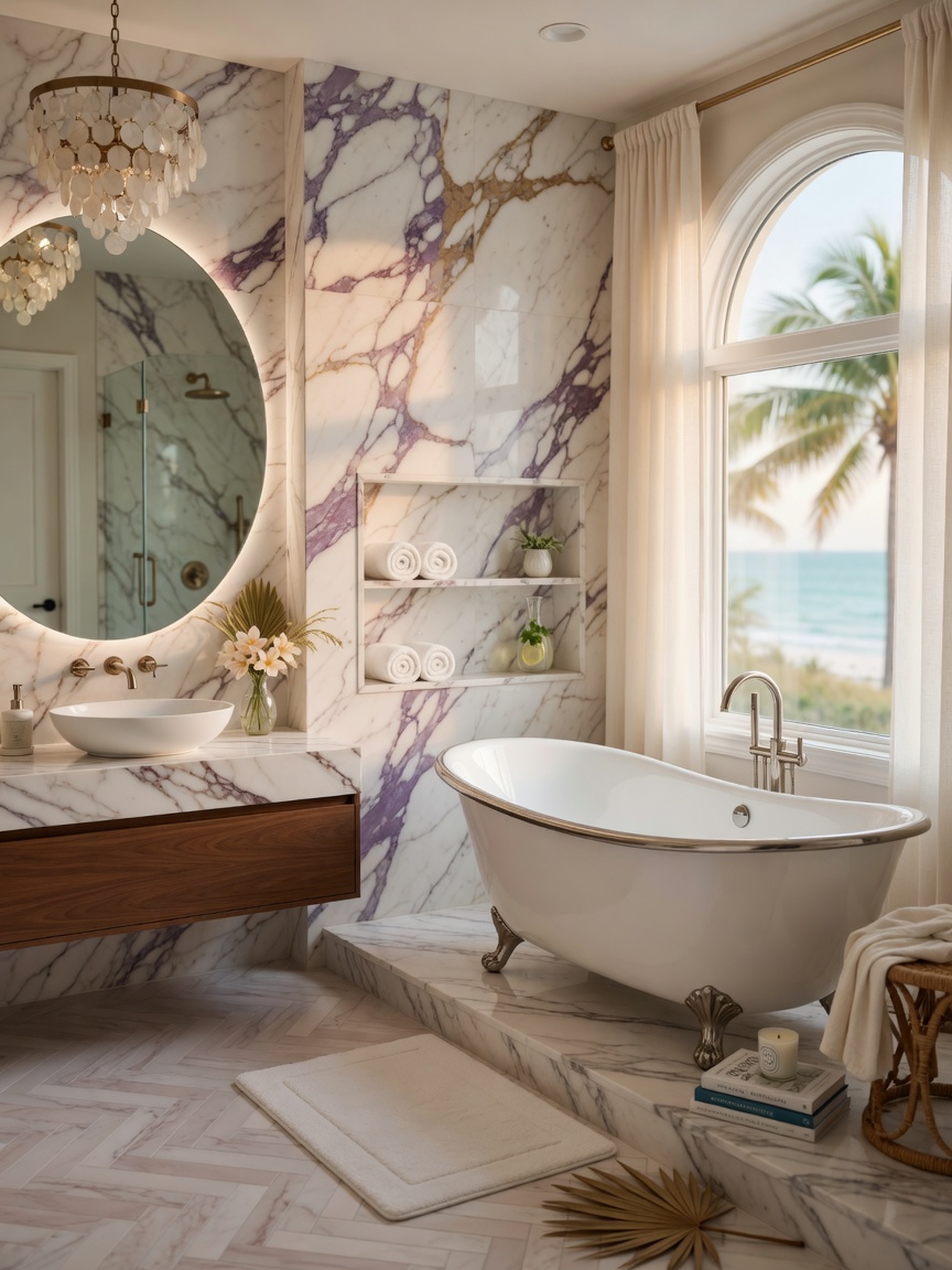 Beautiful 8K photo of a completed high-end bathroom renovation in a Fort Myers beach house, marble tiles, freestanding tub, soft natural lighting