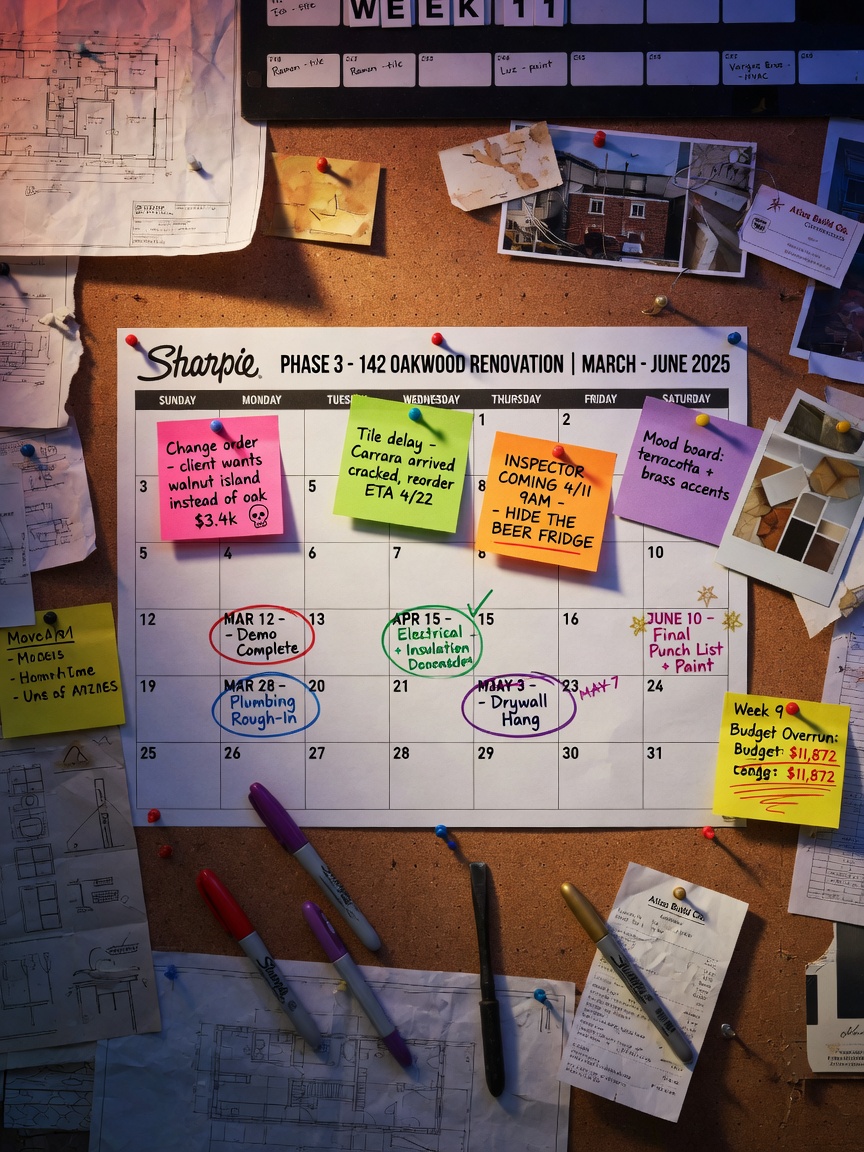Ultra-realistic 8K image of a home renovation timeline calendar with colored sticky notes and markers on a corkboard in a construction office