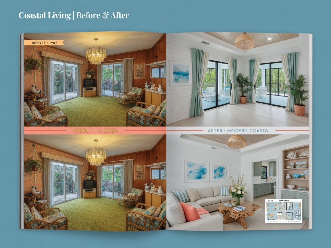 Professional 8K photograph showing before and after home renovation collage of a dated 1980s Florida home transformed into modern coastal style