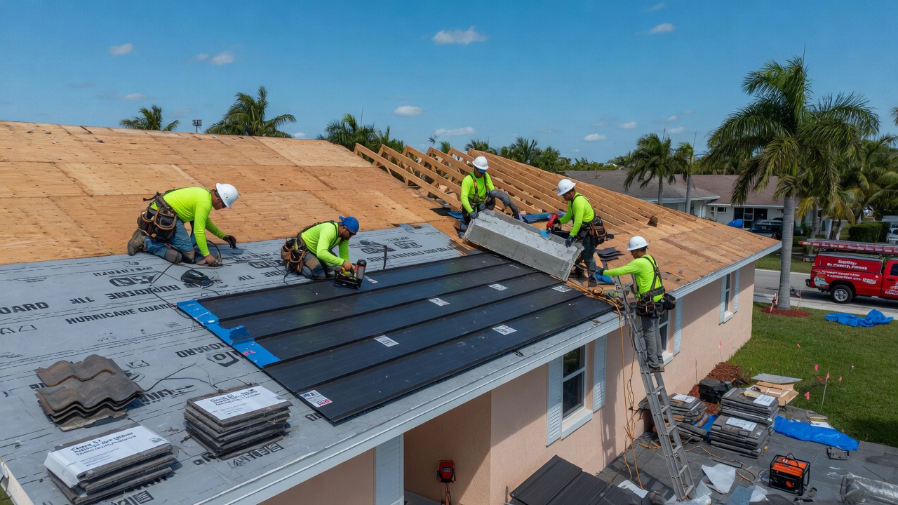 Detailed 8K image of subcontractors installing hurricane-resistant roof on a Fort Myers home during clear weather, aerial perspective