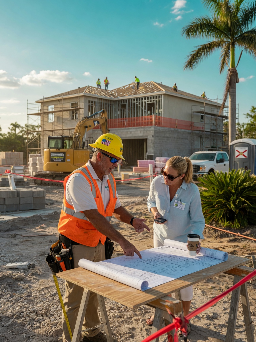 8K professional image of a general contractor wearing hard hat explaining project to client at active construction site in Southwest Florida