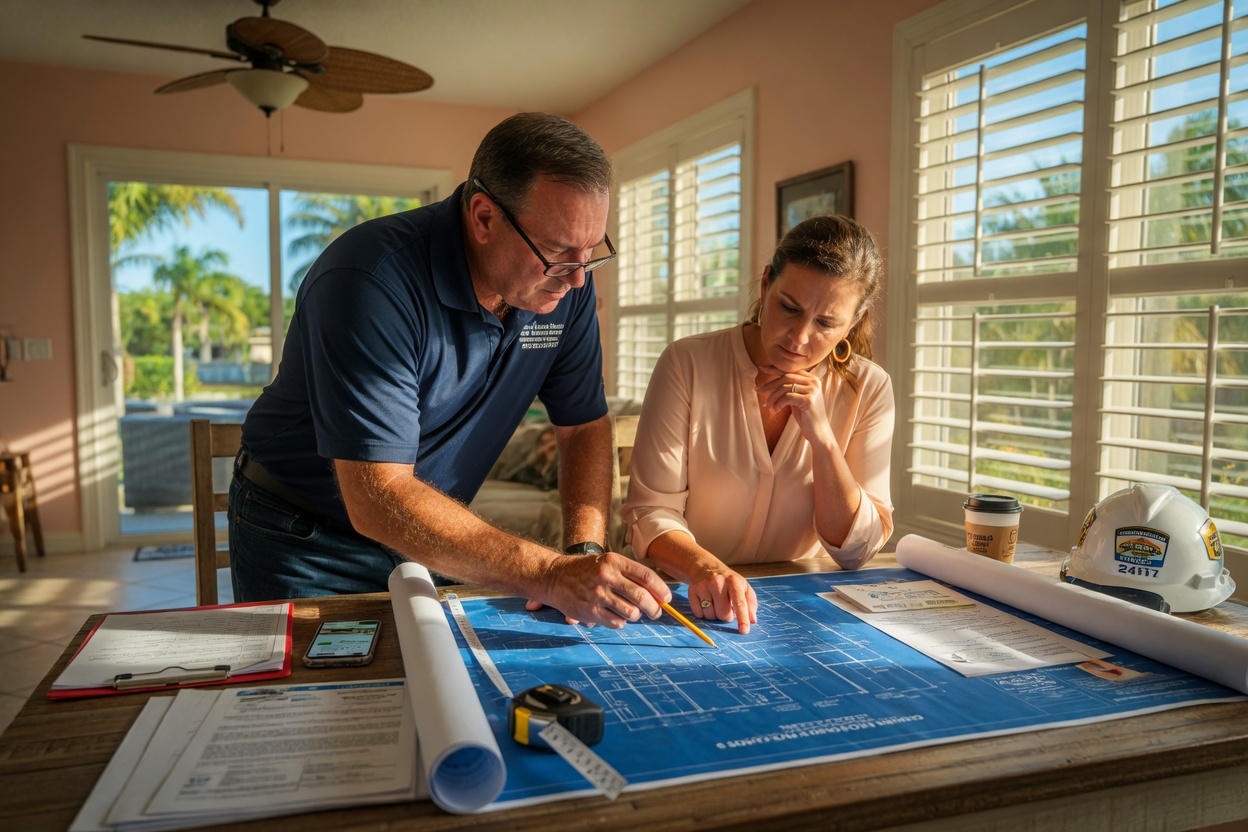 Professional 8K image of a licensed general contractor reviewing blueprints with a Fort Myers homeowner at a wooden table, both looking focused, sunny Florida light coming through windows
