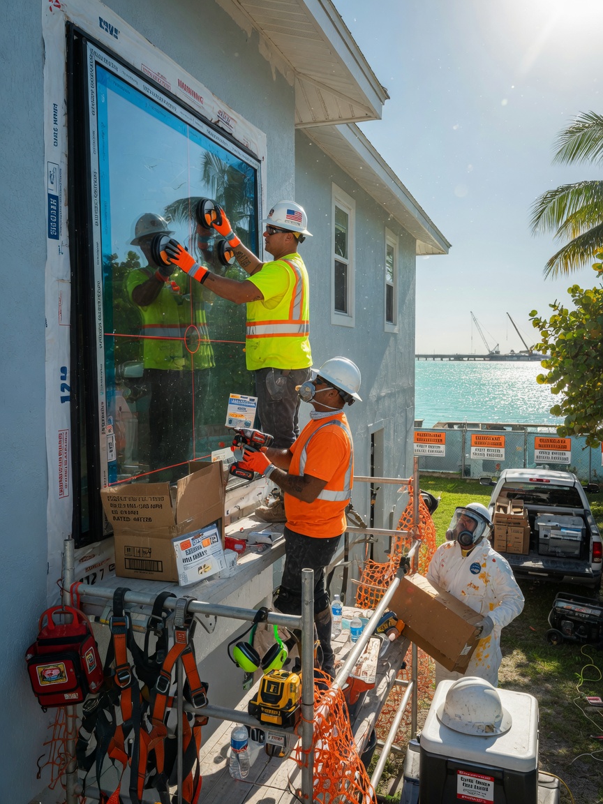 Ultra-detailed 8K photograph showing a construction site in Fort Myers with workers installing impact windows on a coastal home, sunny day, safety equipment visible