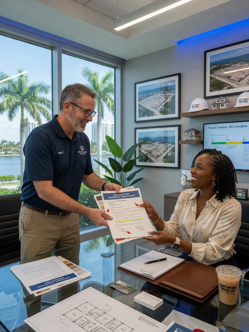 8K ultra-realistic photo of a professional contractor handing a detailed contract to a client in a modern Fort Myers office, both parties smiling professionally
