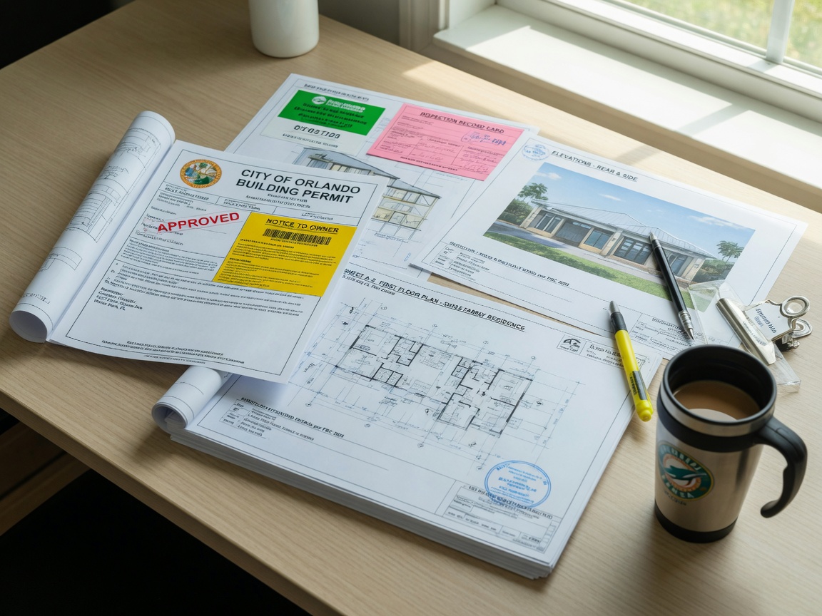 Detailed 8K image of Florida building permit documents and architectural plans spread across a desk with a coffee mug, natural daylight, organized and clean