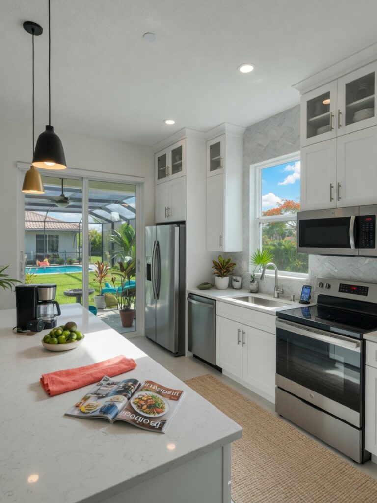 Ultra-realistic 8K photo of a modern mid-range kitchen in a Fort Myers home with white shaker cabinets, quartz countertops, and stainless steel appliances, bright natural light streaming through large windows overlooking a Florida backyard, 2026 style