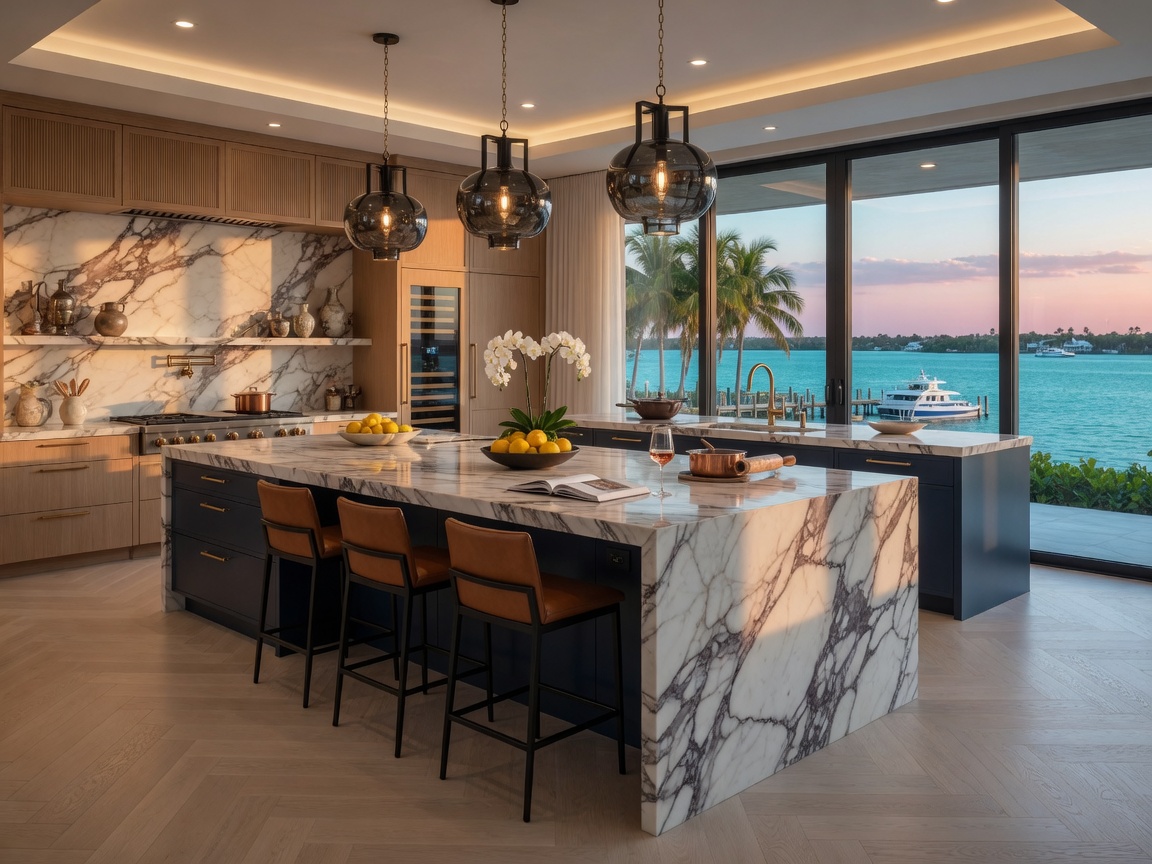 Spacious luxury kitchen island with thick waterfall marble edges, leathered finish, bar seating, and high-end lighting fixtures in a waterfront Fort Myers home, 8K photorealistic