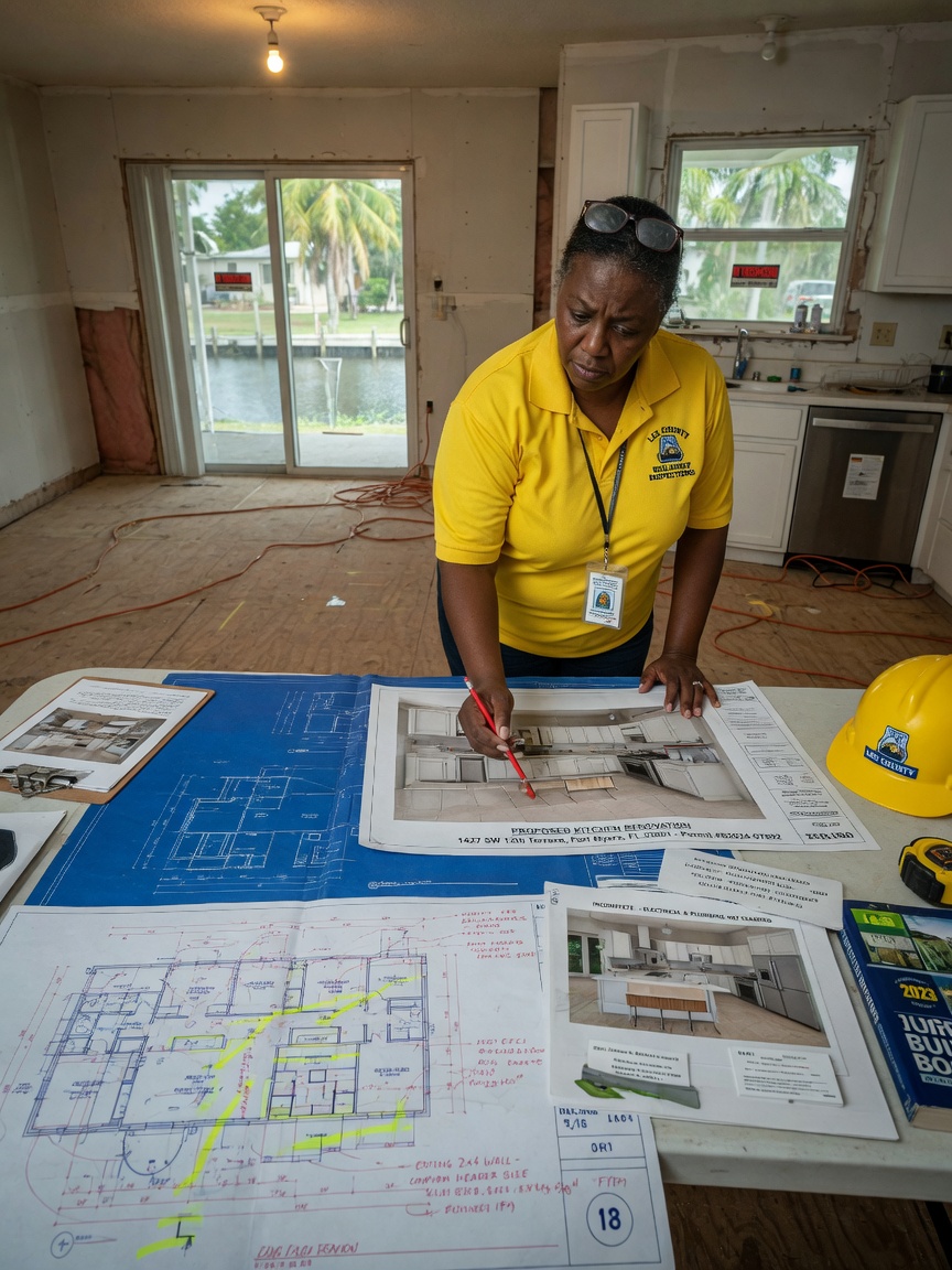 Lee County building inspector reviewing kitchen renovation plans at a Fort Myers property, professional setting with blueprints, realistic 8K documentary style